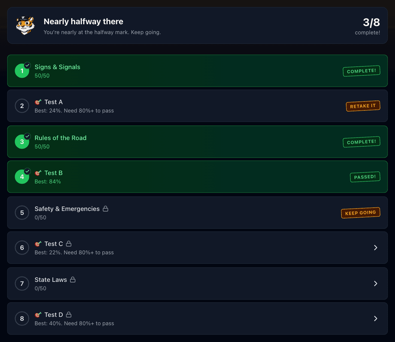 TigerTest DMV dashboard with training sets and practice tests