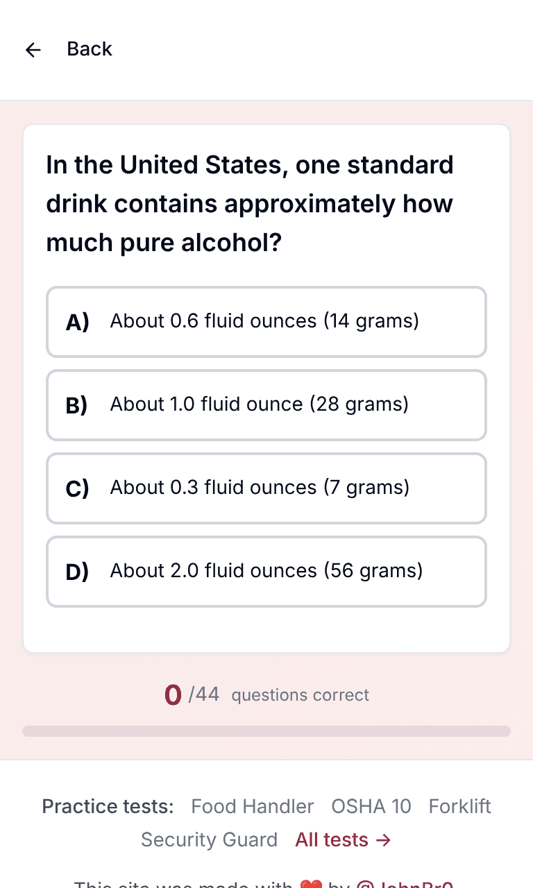 TigerTest Alcohol Server practice test training mode on mobile