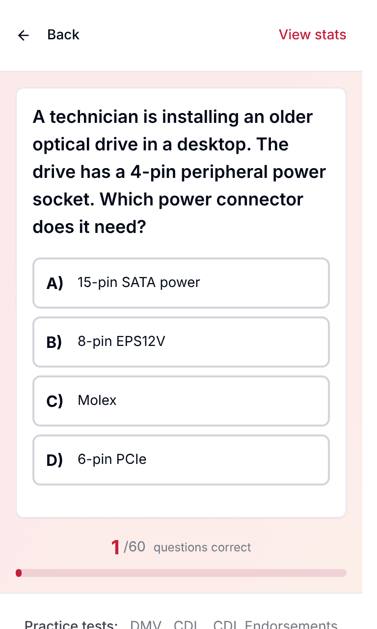 TigerTest CompTIA A+ practice test training mode on mobile