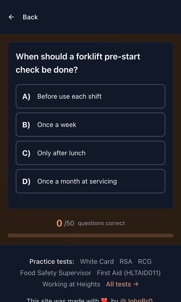 Tigertest Forklift Licence practice test training mode on mobile