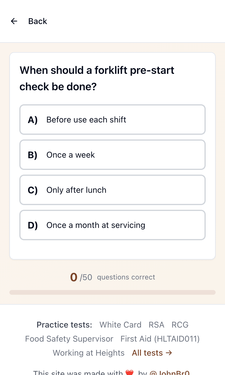 Tigertest Forklift Licence practice test training mode on mobile