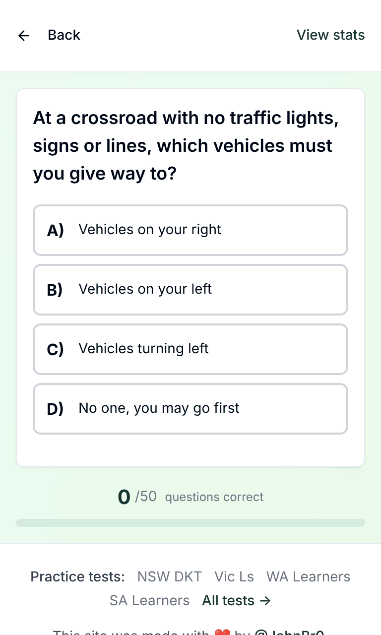 Tigertest QLD Learner practice test training mode on mobile