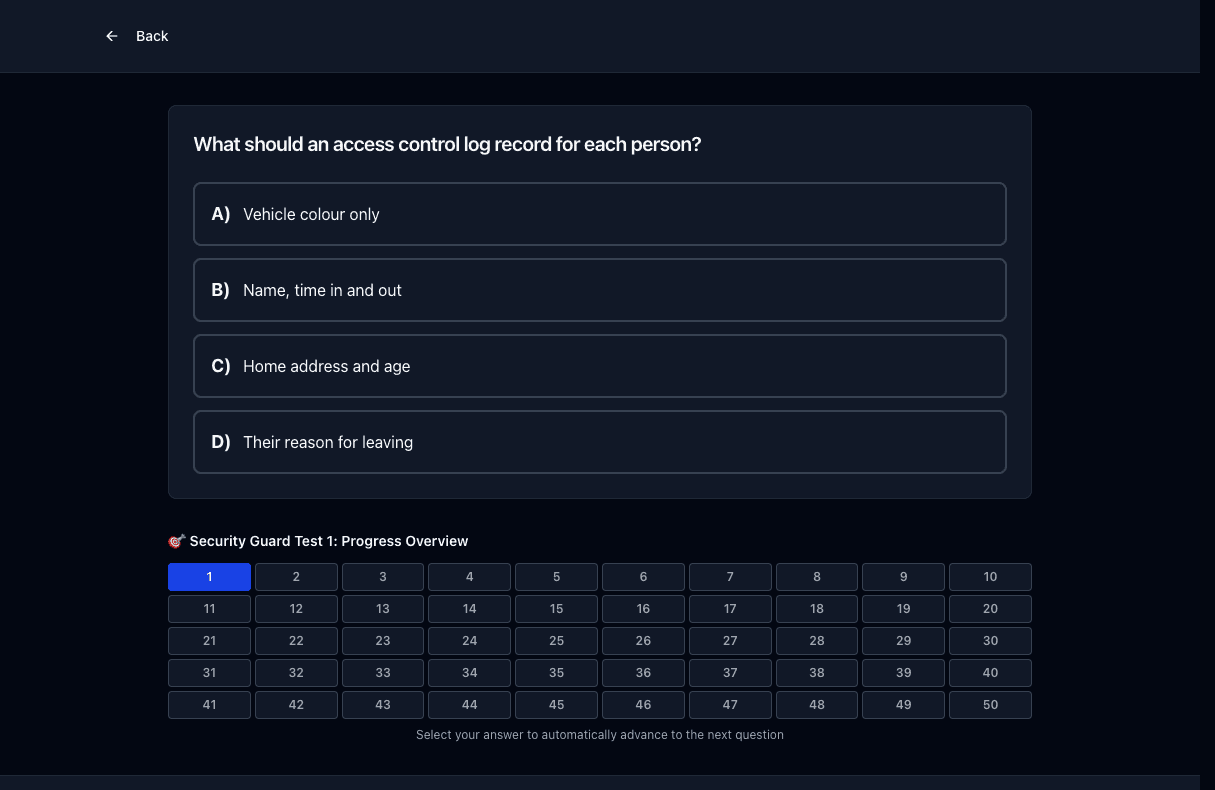 Tigertest Security Guard practice test on desktop