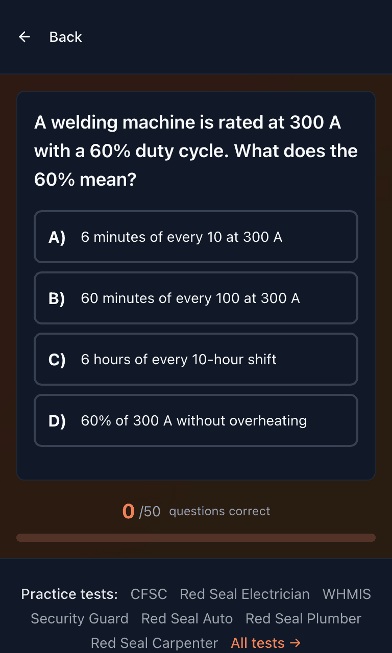 Tigertest Red Seal Welder practice test training mode on mobile