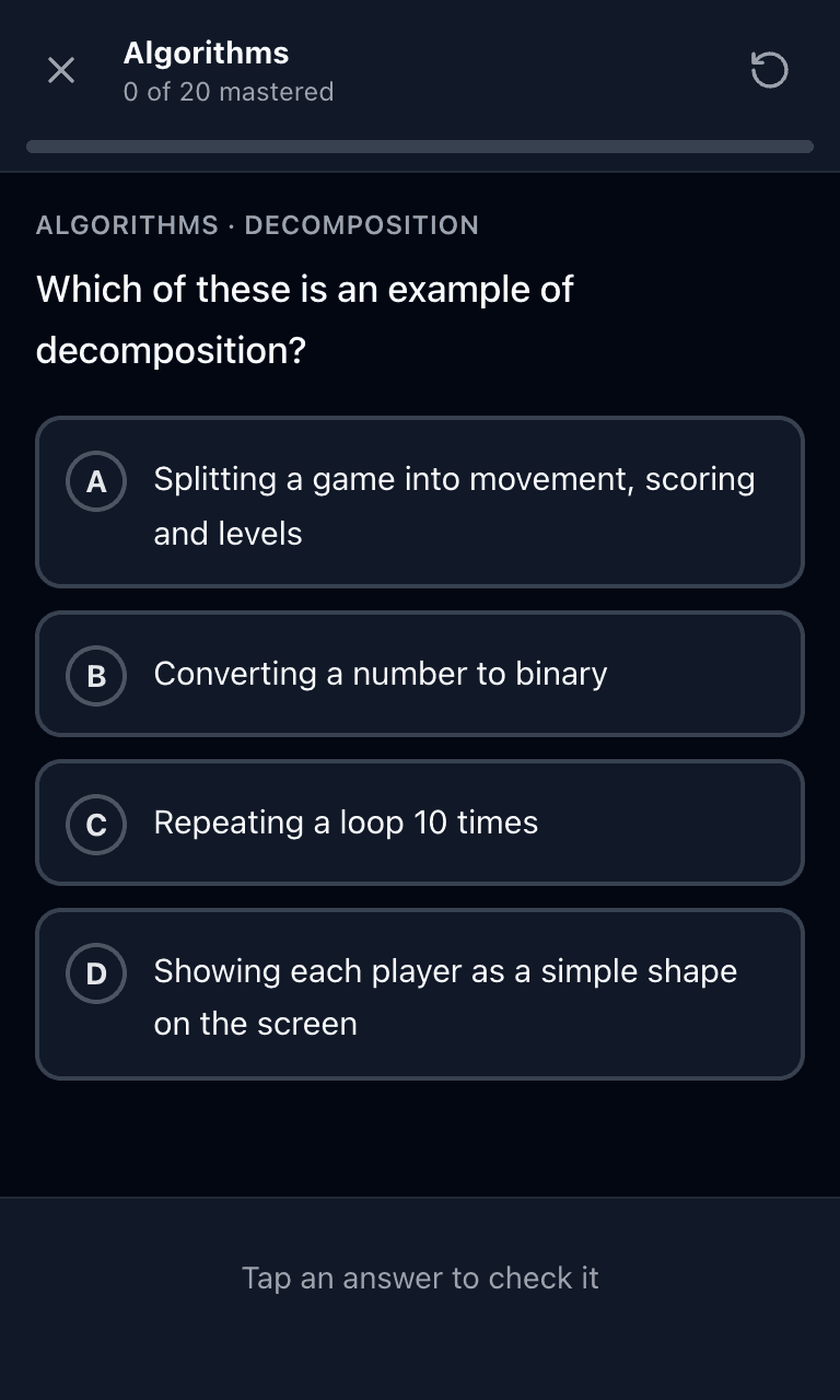 Tigertest GCSE Computer Science practice test training mode on mobile