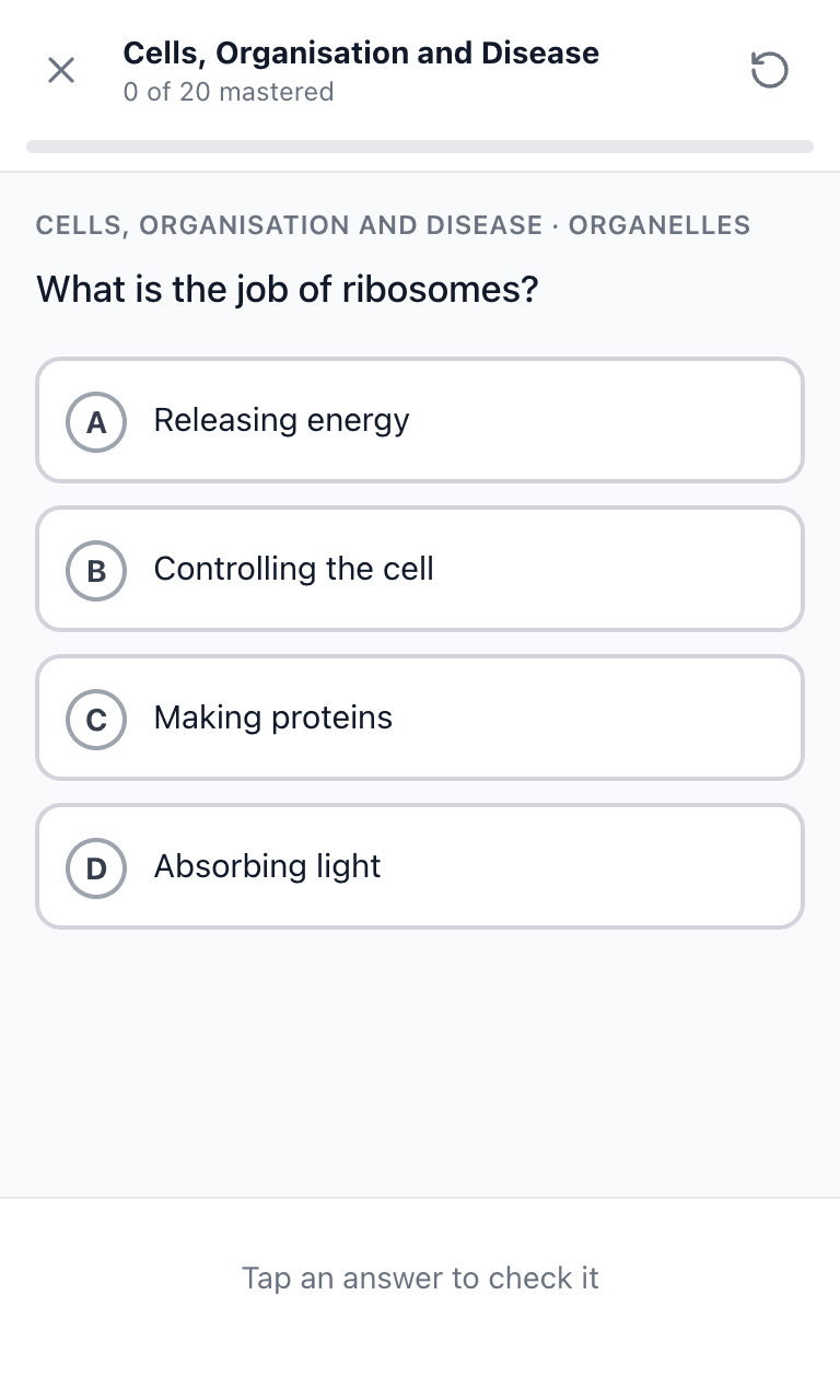 Tigertest GCSE Science practice test training mode on mobile