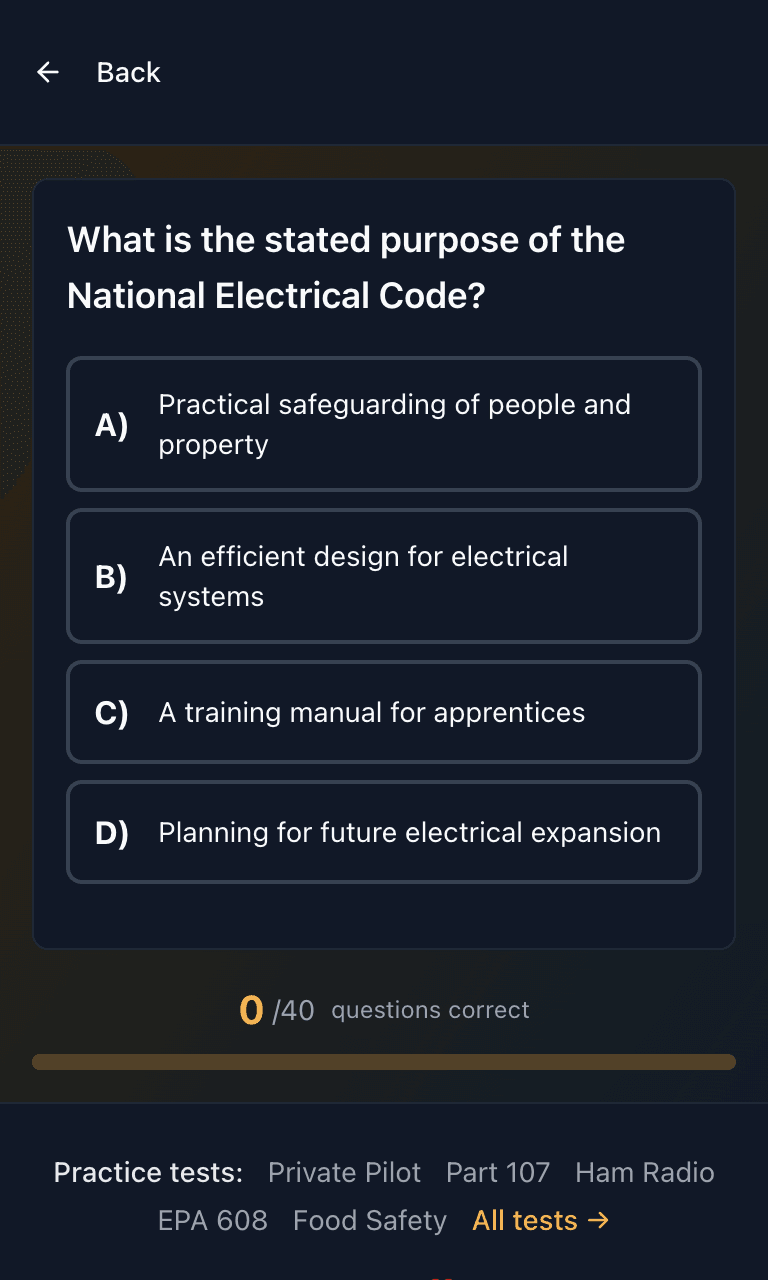 Tigertest Journeyman Electrician practice test training mode on mobile