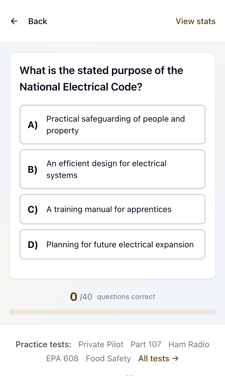 Tigertest Journeyman Electrician practice test training mode on mobile