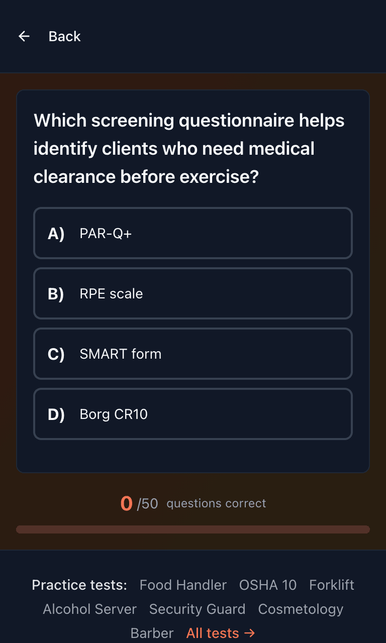 Tigertest NASM CPT practice test training mode on mobile