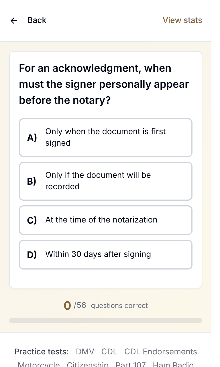 TigerTest Notary practice test training mode on mobile