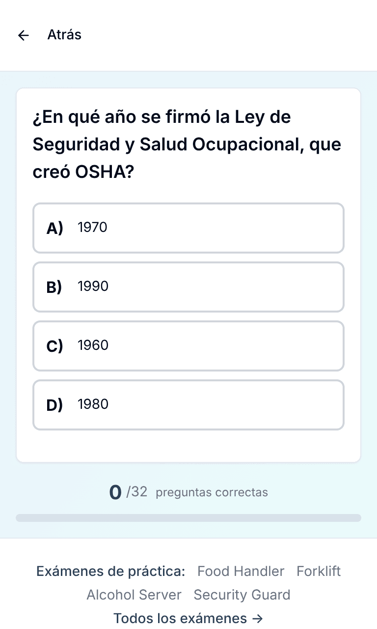 Práctica por tema del examen OSHA 10 de TigerTest en el celular