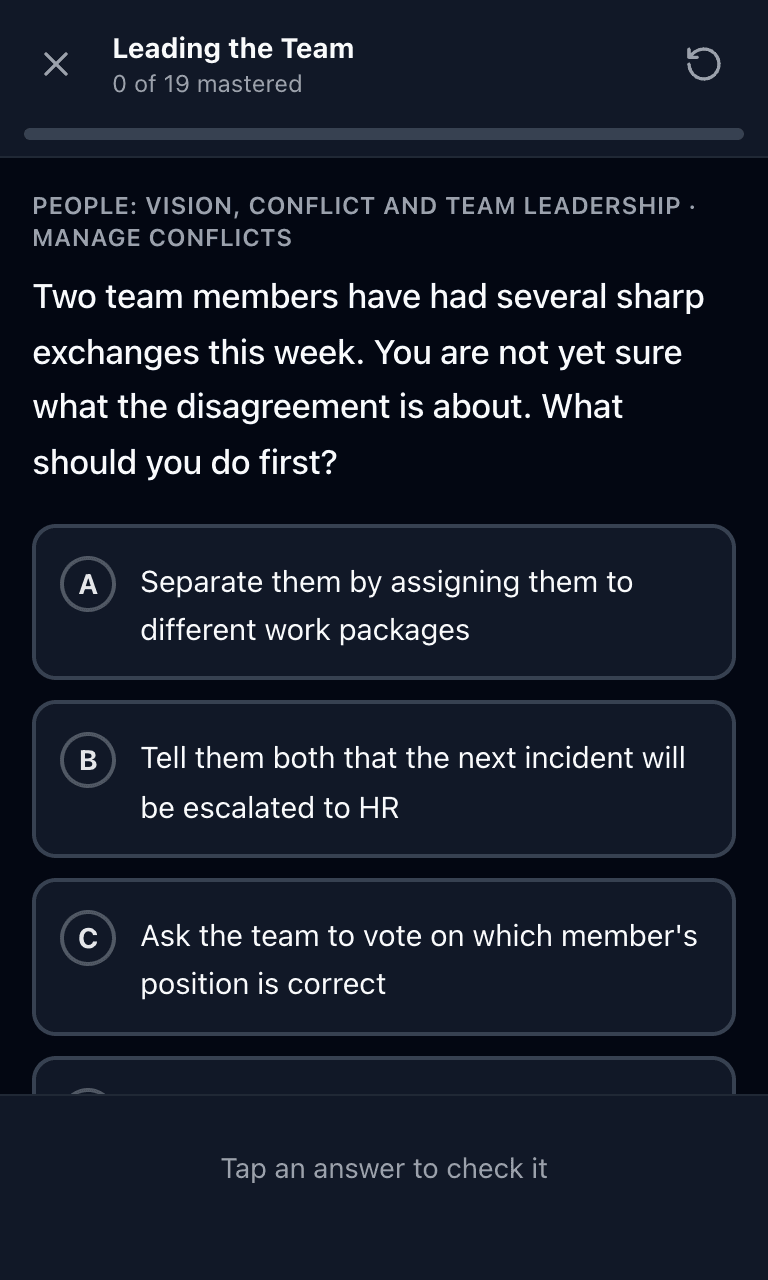 Tigertest PMP practice test training mode on mobile