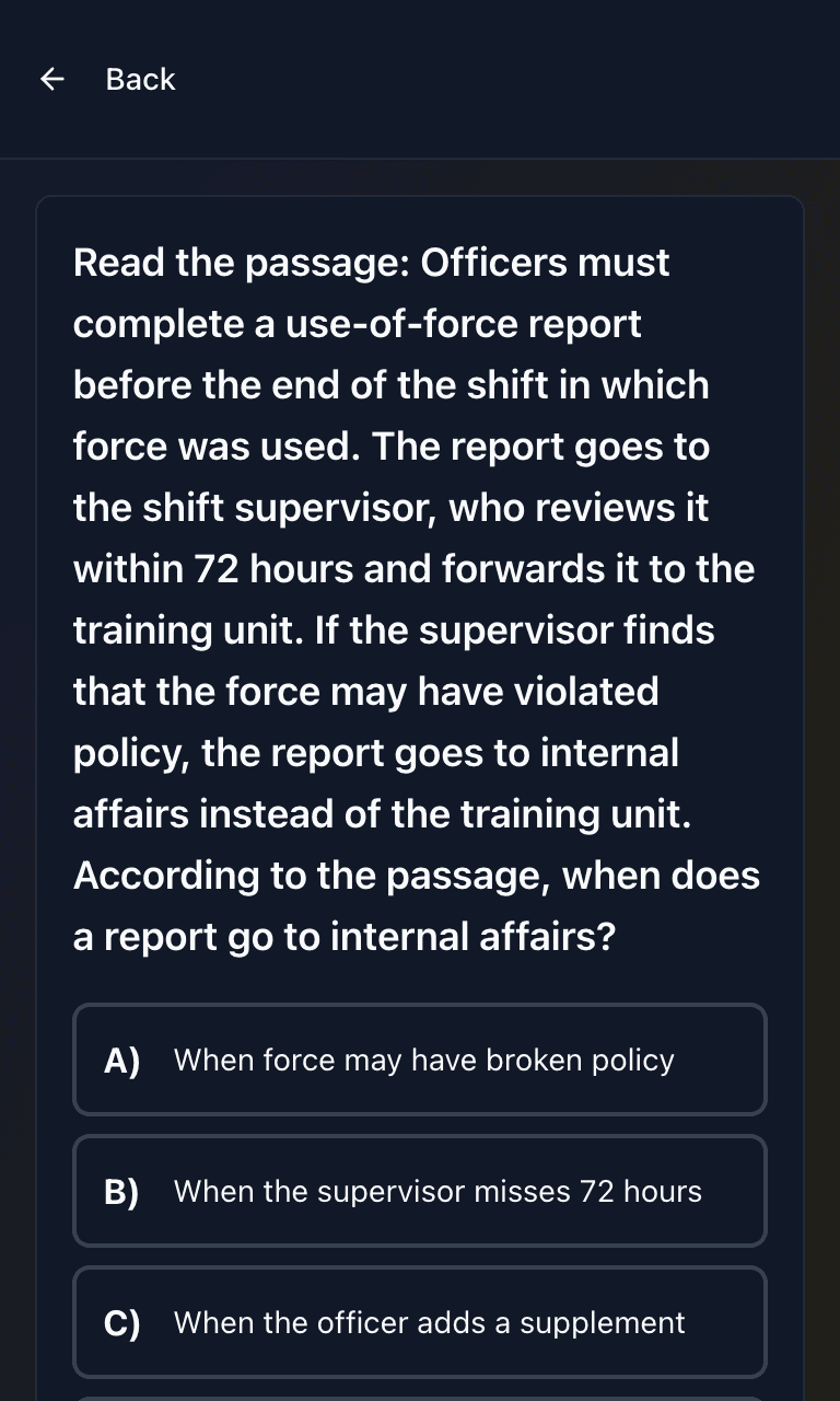 Tigertest Police Exam practice test training mode on mobile