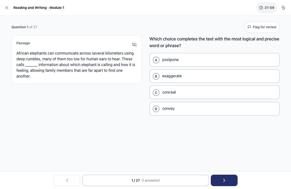Tigertest PSAT practice test on desktop