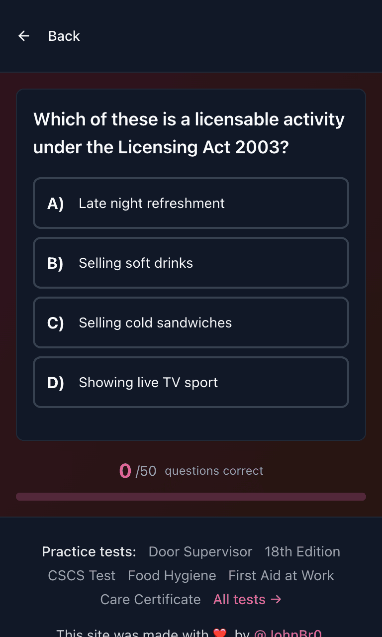 Tigertest Personal Licence practice test training mode on mobile