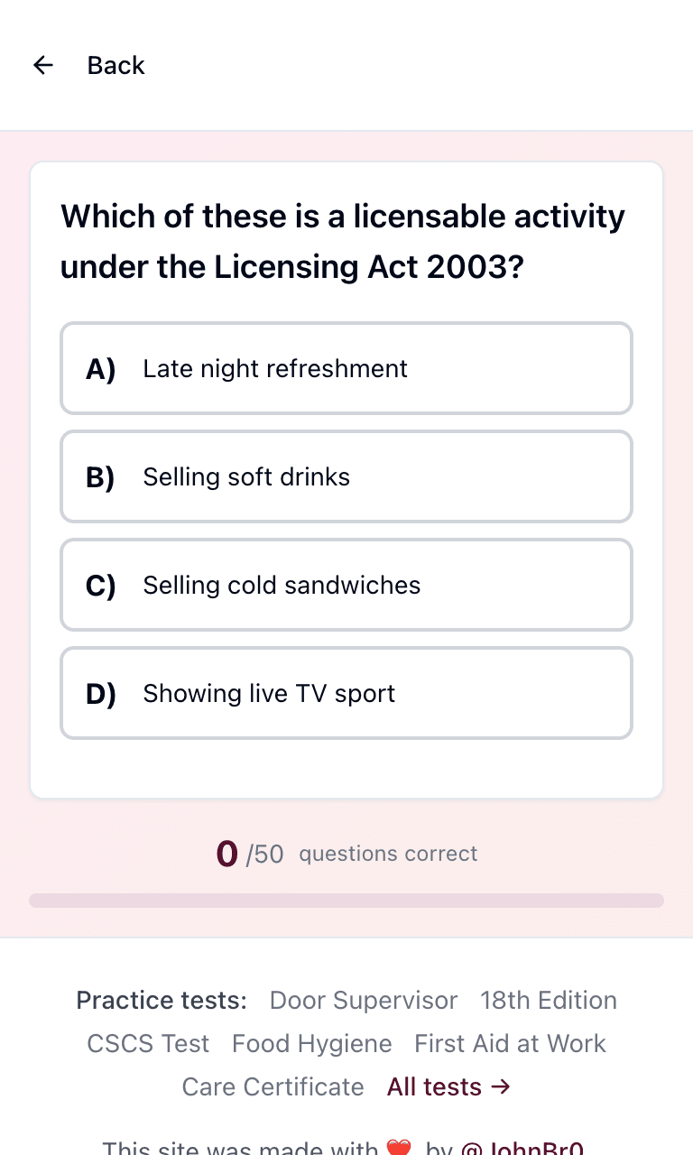 Tigertest Personal Licence practice test training mode on mobile