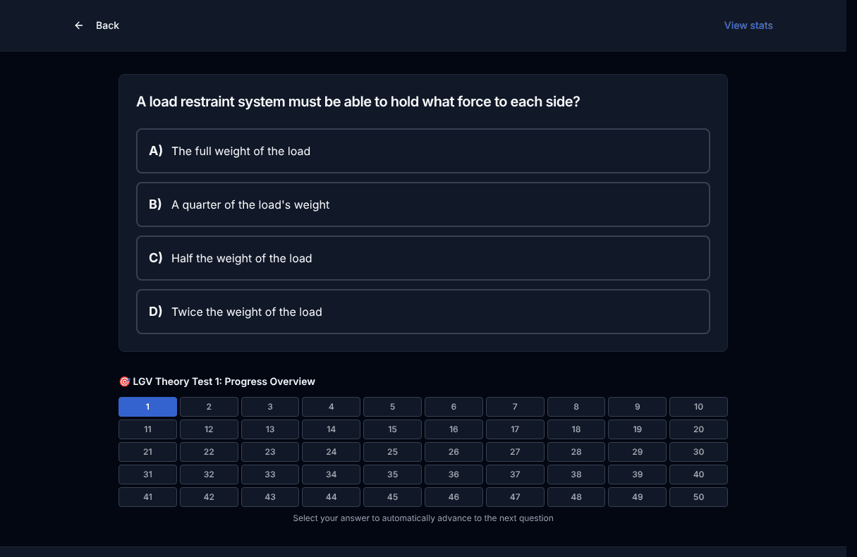 Tigertest LGV Theory practice test on desktop