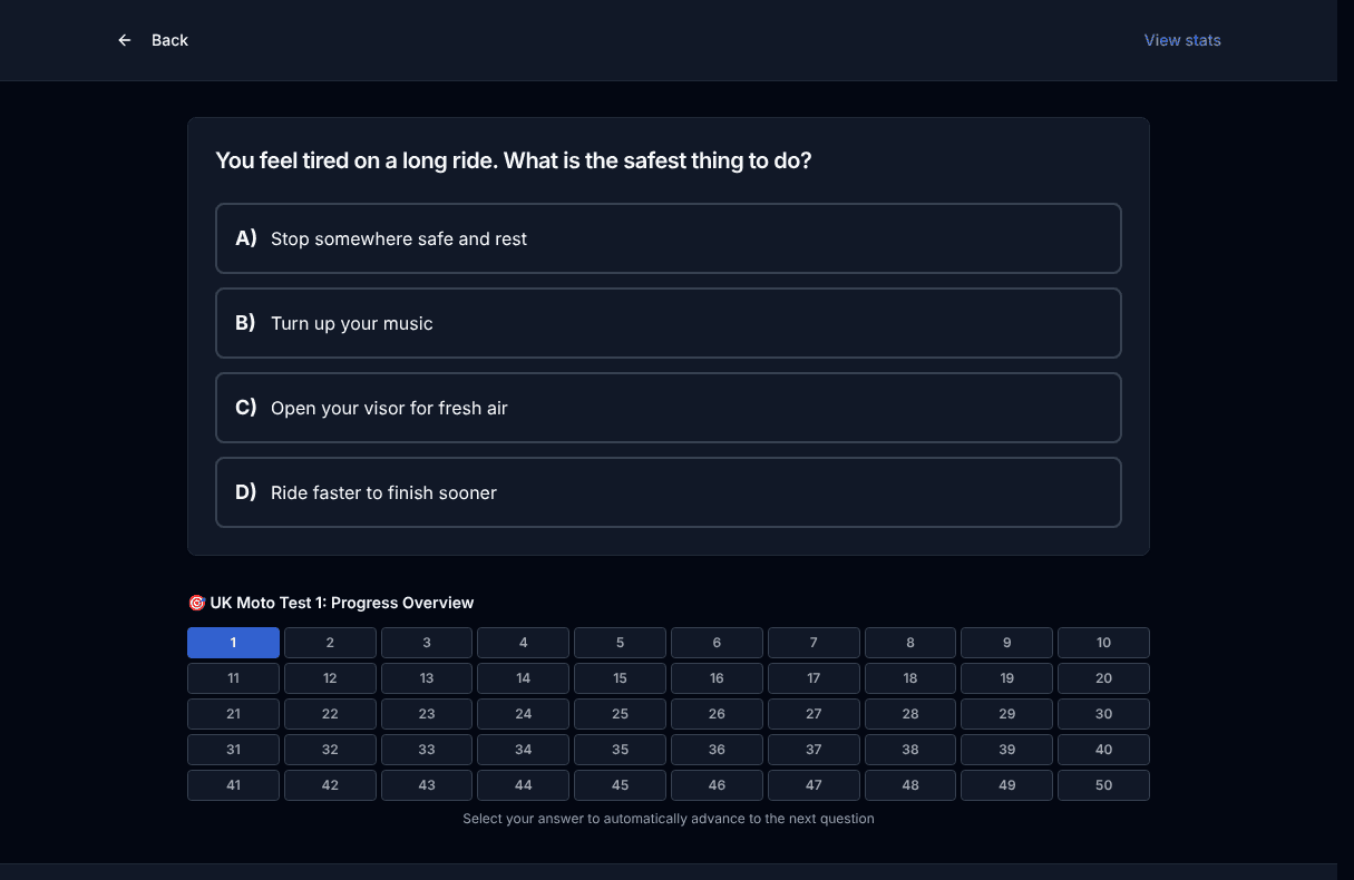 Tigertest UK Moto practice test on desktop