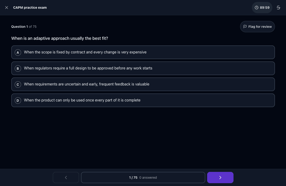 Tigertest CAPM practice test on desktop