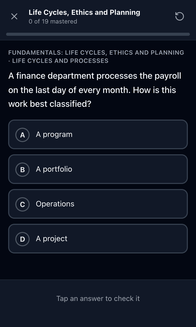 Tigertest CAPM practice test training mode on mobile