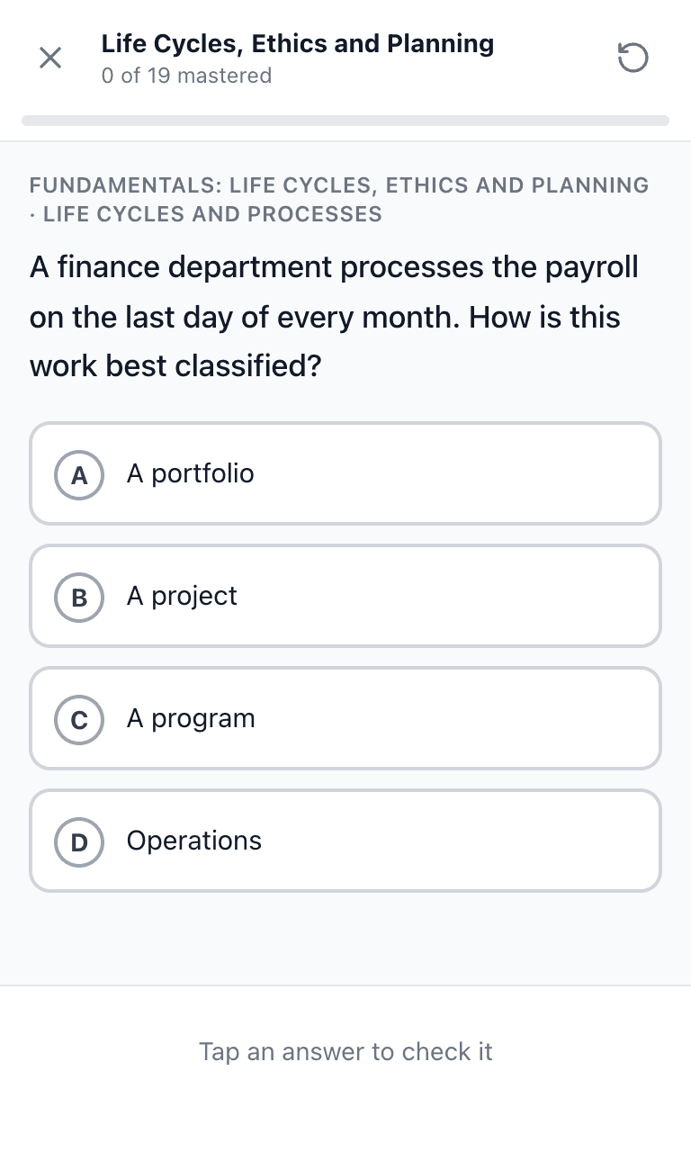 Tigertest CAPM practice test training mode on mobile