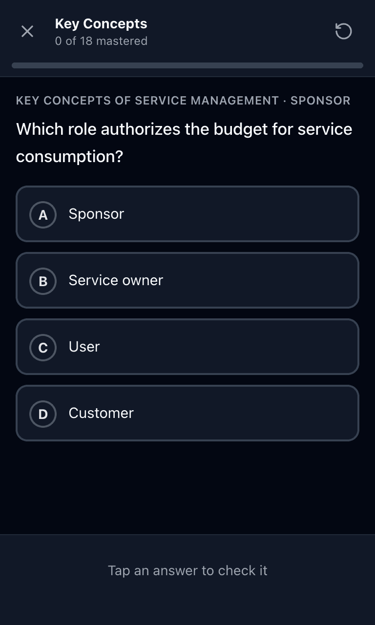 Tigertest ITIL 4 practice test training mode on mobile