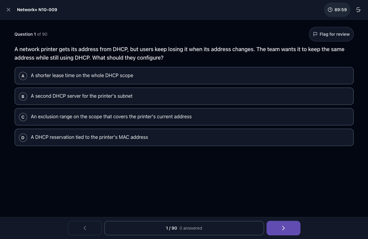 Tigertest Network+ practice test on desktop