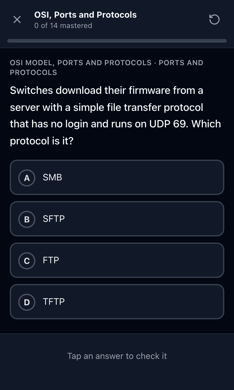 Tigertest Network+ practice test training mode on mobile